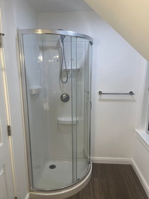 Bathroom, Glass Shower, Interior, Wood Texture Flooring