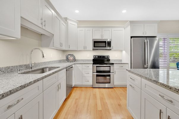 Interior, Kitchen, Recessed Lighting, Stainless Steel Appliances, Wood Texture Flooring