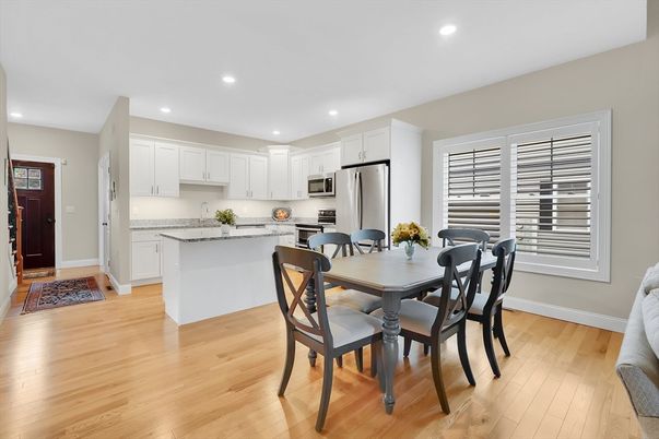 Dining room, Interior, Kitchen, Recessed Lighting, Stainless Steel Appliances, Wood Texture Flooring