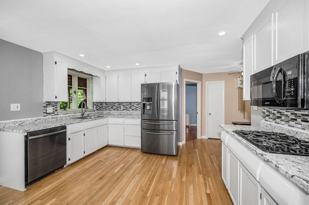 Interior, Kitchen, Recessed Lighting, Stainless Steel Appliances, Wood Texture Flooring