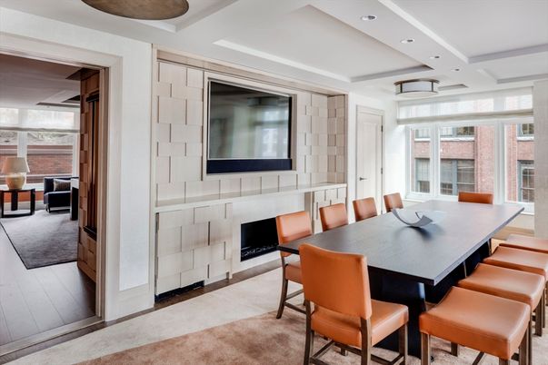 Dining room, Fireplace, Interior, Recessed Lighting, Wood Texture Flooring