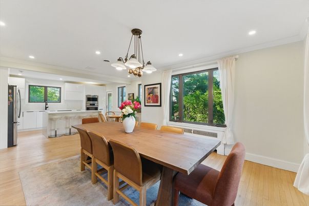 Dining room, Interior, Kitchen, Pendant Lights, Recessed Lighting, Stainless Steel Appliances, Wood Texture Flooring