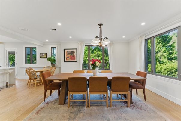Dining room, Interior, Pendant Lights, Recessed Lighting, Wood Texture Flooring