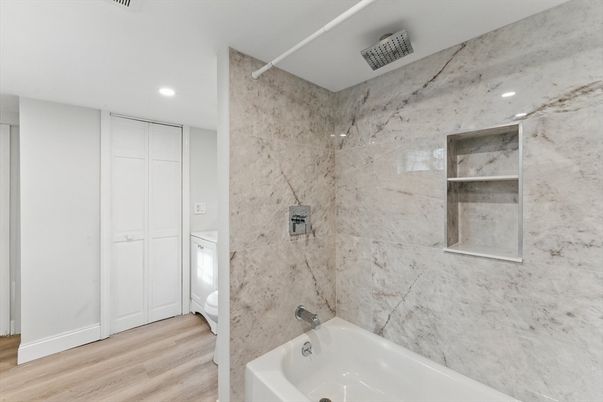 Bathroom, Interior, Marble Walls, Recessed Lighting, Wood Texture Flooring