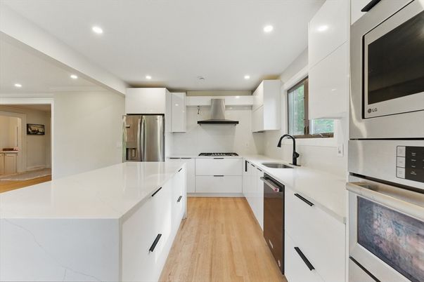 Interior, Kitchen, Recessed Lighting, Stainless Steel Appliances, Wood Texture Flooring