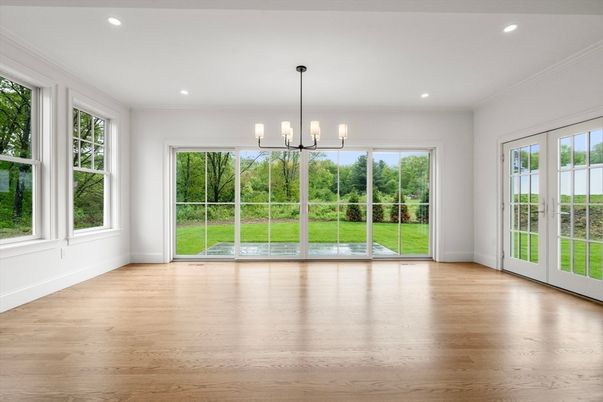 Empty room, Interior, Pendant Lights, Recessed Lighting, Wood Texture Flooring