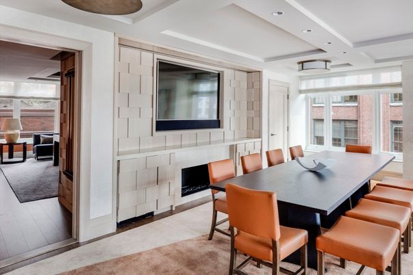 Dining room, Fireplace, Interior, Recessed Lighting, Wood Texture Flooring