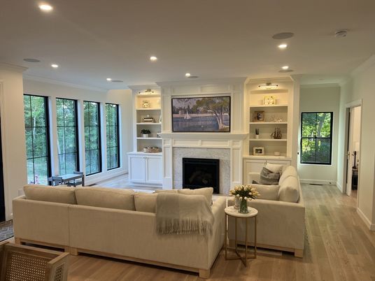 Fireplace, Interior, Living room, Recessed Lighting, Wood Texture Flooring