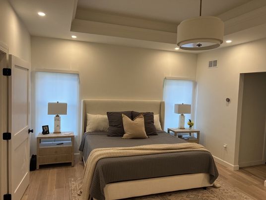 Bedroom, Interior, Recessed Lighting, Wood Texture Flooring