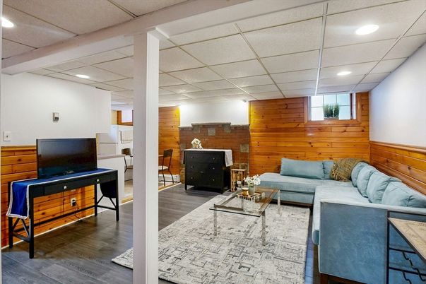 Interior, Living room, Recessed Lighting, Wood Texture Flooring, Wooden Walls