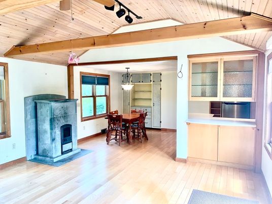 Dining room, Fireplace, Interior, Pendant Lights, Wooden Beams, Wooden Ceilings, Wood Texture Flooring