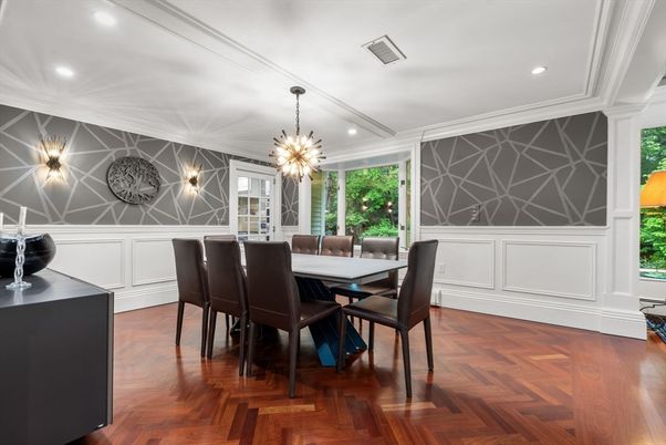 Dining room, Interior, Pendant Lights, Recessed Lighting, Wood Texture Flooring