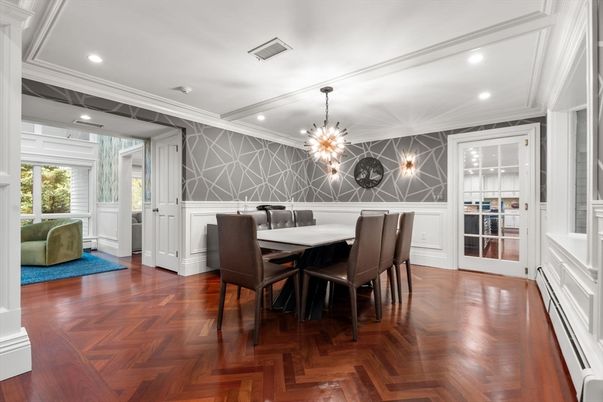 Dining room, Interior, Pendant Lights, Recessed Lighting, Wood Texture Flooring