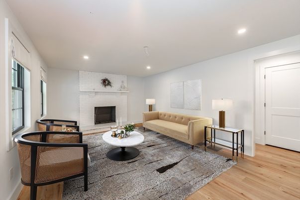 Fireplace, Interior, Living room, Recessed Lighting, Wood Texture Flooring
