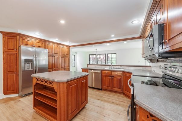 Interior, Kitchen, Pendant Lights, Recessed Lighting, Stainless Steel Appliances, Wood Texture Flooring