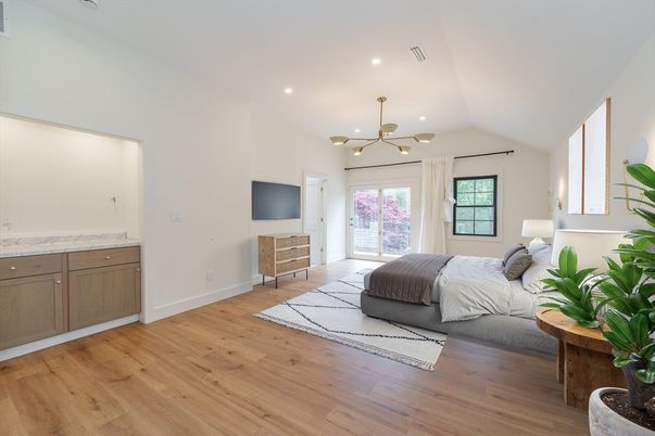 Bedroom, Interior, Pendant Lights, Recessed Lighting, Wood Texture Flooring