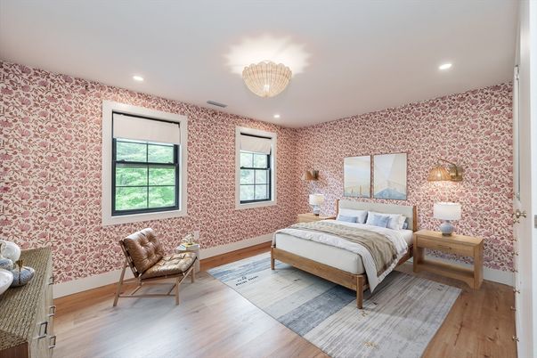 Bedroom, Chandelier, Interior, Recessed Lighting, Wood Texture Flooring