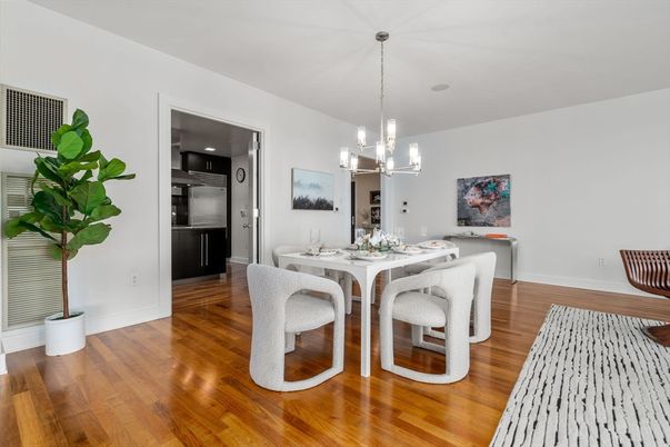 Chandelier, Dining room, Interior, Pendant Lights, Stainless Steel Appliances, Wood Texture Flooring