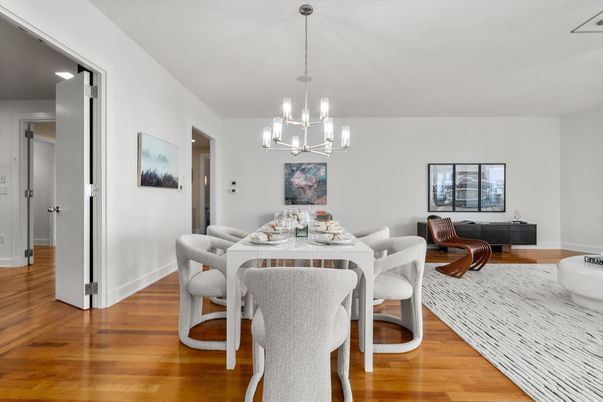 Dining room, Interior, Pendant Lights, Piano, Wood Texture Flooring