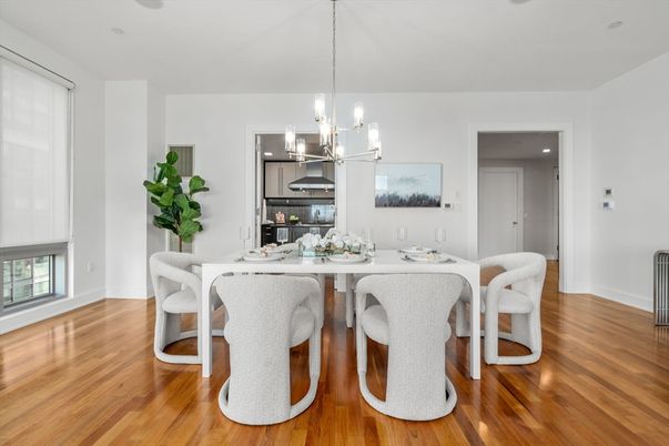 Chandelier, Dining room, Interior, Pendant Lights, Recessed Lighting, Wood Texture Flooring