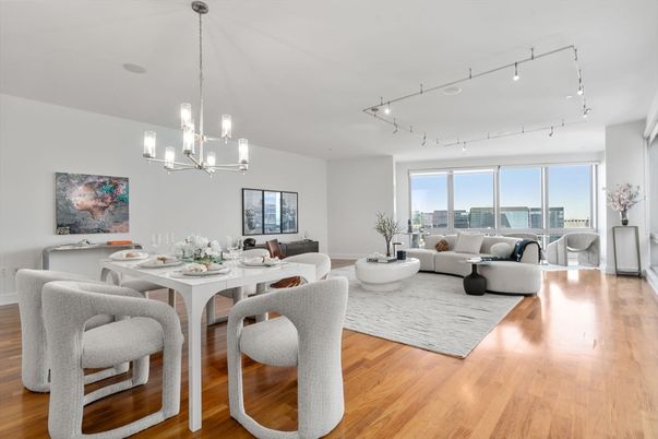 Dining room, Interior, Living room, Pendant Lights, Wood Texture Flooring