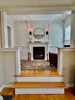 Fireplace, Interior, Recessed Lighting, Wood Texture Flooring