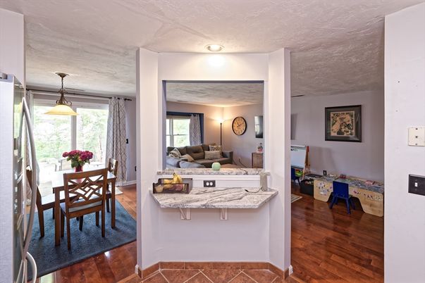 Dining room, Interior, Living room, Pendant Lights, Wood Texture Flooring