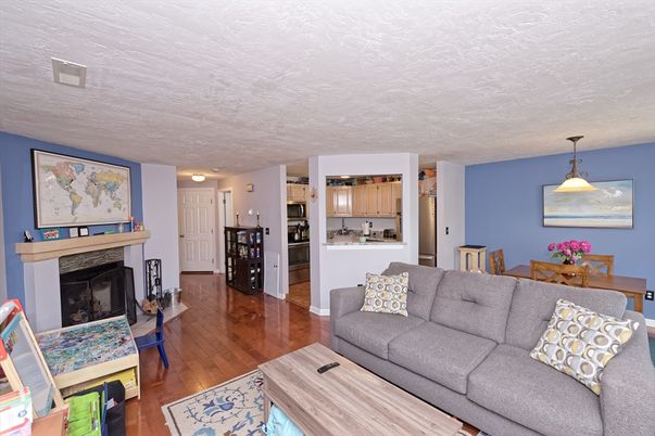 Dining room, Fireplace, Interior, Kitchen, Living room, Pendant Lights, Wood Texture Flooring