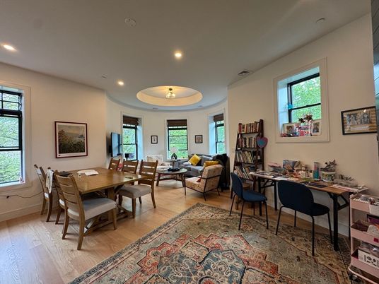Dining room, Interior, Living room, Recessed Lighting, Wood Texture Flooring