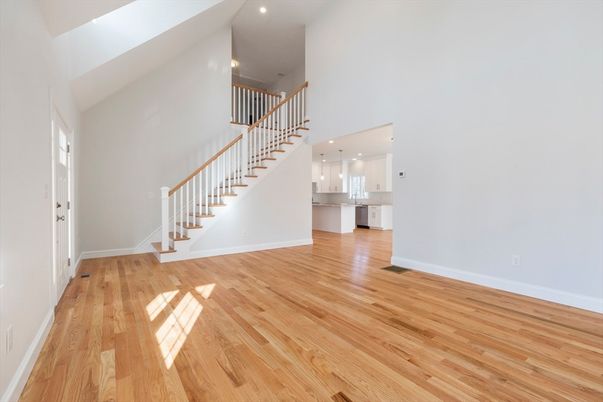 Empty room, Interior, Kitchen, Pendant Lights, Recessed Lighting, Wood Texture Flooring
