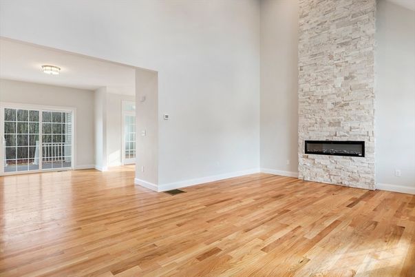 Empty room, Fireplace, Interior, Stone Walls, Wood Texture Flooring