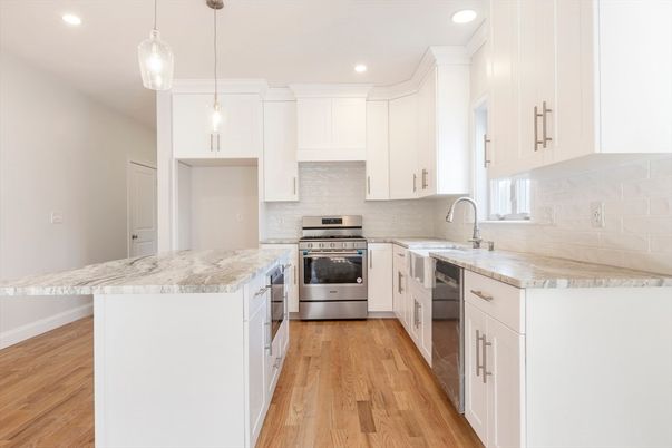 Interior, Kitchen, Pendant Lights, Recessed Lighting, Stainless Steel Appliances, Wood Texture Flooring