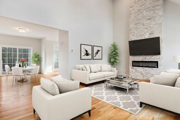 Dining room, Fireplace, Interior, Living room, Stone Walls, Wood Texture Flooring