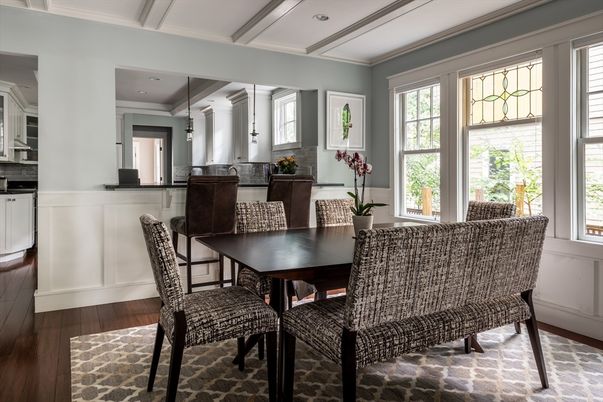 Dining room, Interior, Recessed Lighting, Wood Texture Flooring
