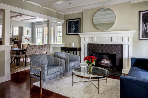 Dining room, Fireplace, Interior, Living room, Recessed Lighting, Wood Texture Flooring