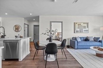 Dining room, Interior, Living room, Recessed Lighting, Wood Texture Flooring