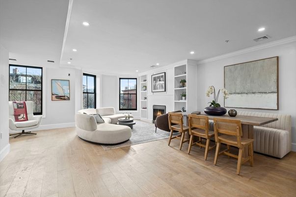 Dining room, Fireplace, Interior, Living room, Recessed Lighting, Wood Texture Flooring