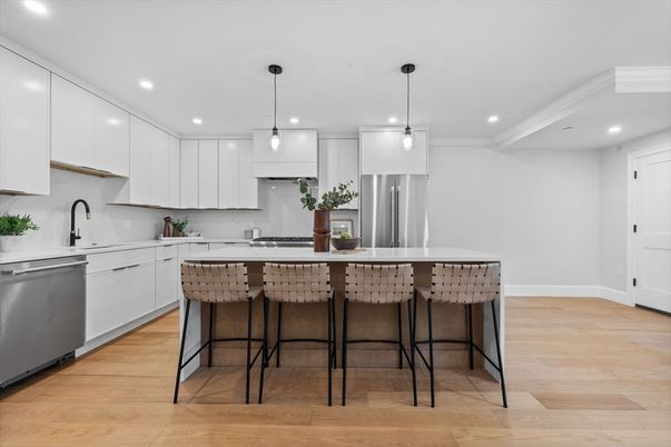 Interior, Kitchen, Pendant Lights, Recessed Lighting, Stainless Steel Appliances, Wood Texture Flooring