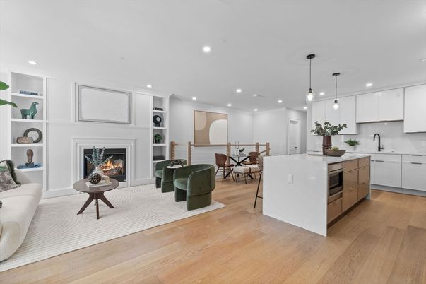 Dining room, Fireplace, Interior, Kitchen, Pendant Lights, Recessed Lighting, Wood Texture Flooring