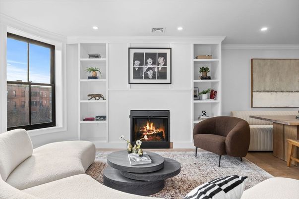 Fireplace, Interior, Living room, Recessed Lighting, Wood Texture Flooring