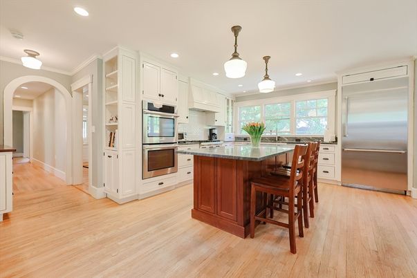 Interior, Kitchen, Pendant Lights, Recessed Lighting, Stainless Steel Appliances, Wood Texture Flooring