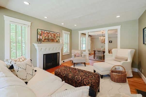 Chandelier, Dining room, Fireplace, Interior, Living room, Pendant Lights, Recessed Lighting, Wood Texture Flooring
