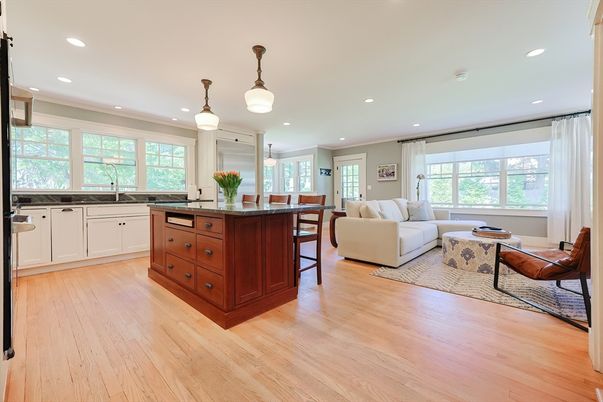 Interior, Kitchen, Living room, Pendant Lights, Recessed Lighting, Wood Texture Flooring