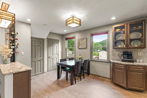 Dining room, Interior, Recessed Lighting, Wood Texture Flooring