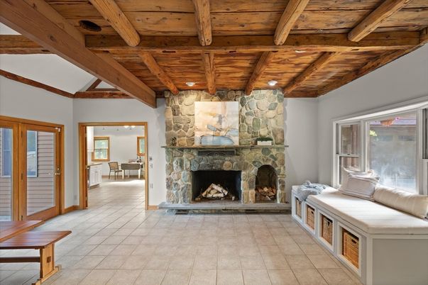 Fireplace, Interior, Recessed Lighting, Stone Walls, Wooden Beams, Wooden Ceilings