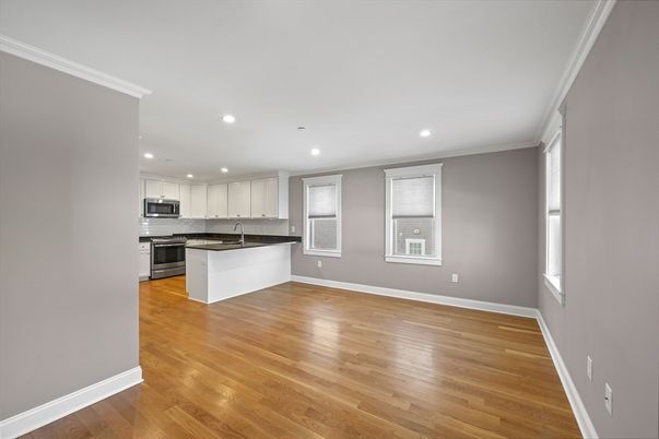 Empty room, Interior, Kitchen, Recessed Lighting, Wood Texture Flooring