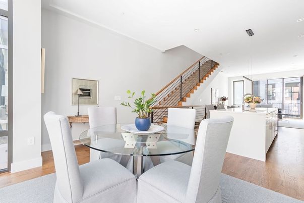 Dining room, Interior, Living room, Pendant Lights, Recessed Lighting, Wood Texture Flooring