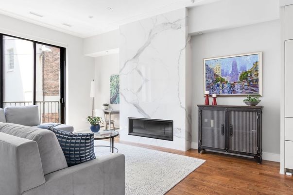 Fireplace, Interior, Living room, Marble Walls, Wood Texture Flooring