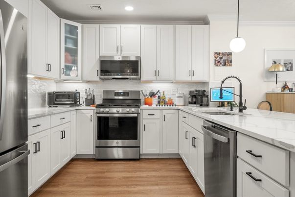 Interior, Kitchen, Pendant Lights, Recessed Lighting, Stainless Steel Appliances, Wood Texture Flooring