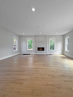 Empty room, Fireplace, Interior, Recessed Lighting, Wood Texture Flooring